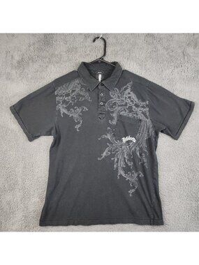 Billabong VTG Polo Shirt Black Slim Fit 90s Tonal Damask Single Stitch Men Large